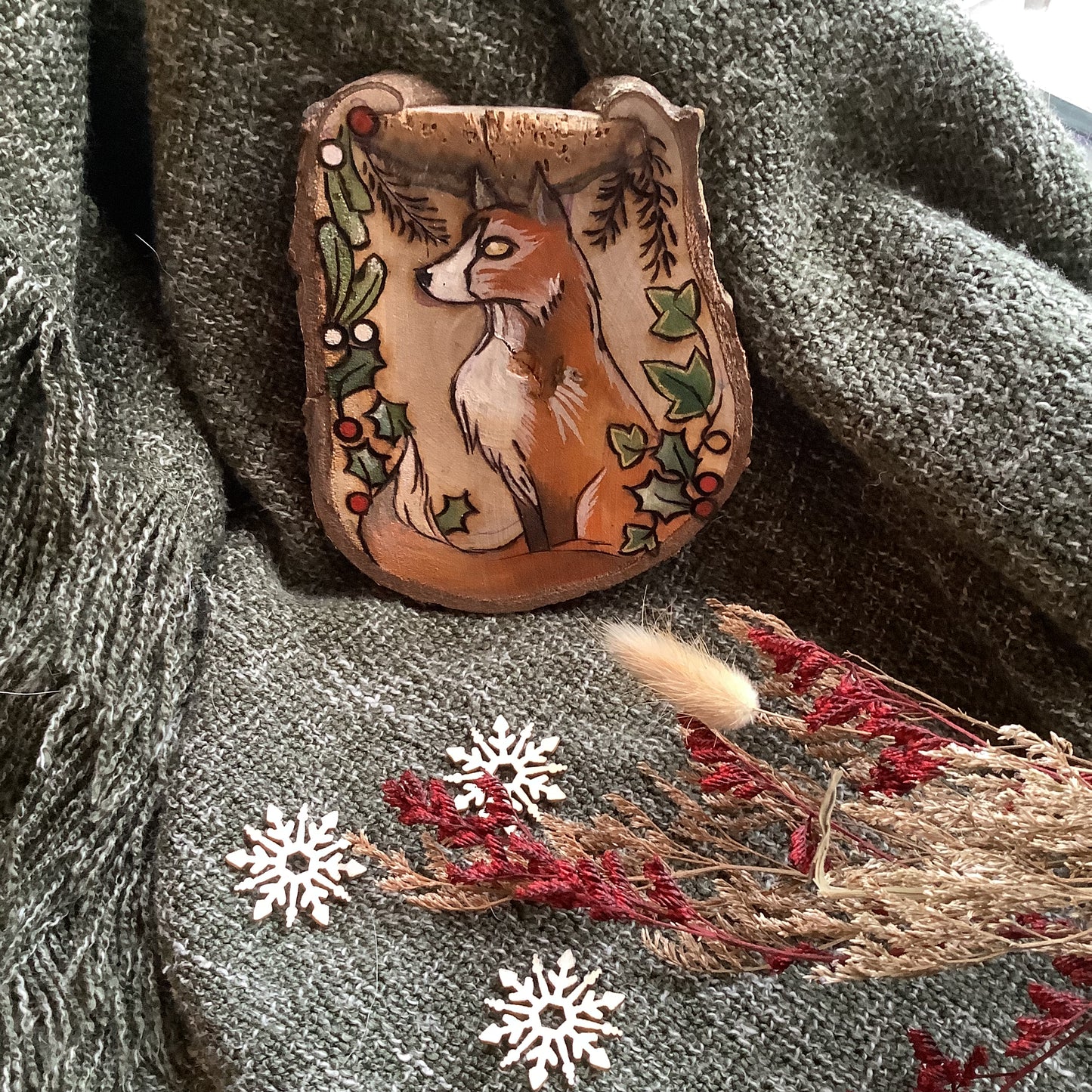 Sitting yule fox-Hand painted and wood burnt Yule log slice