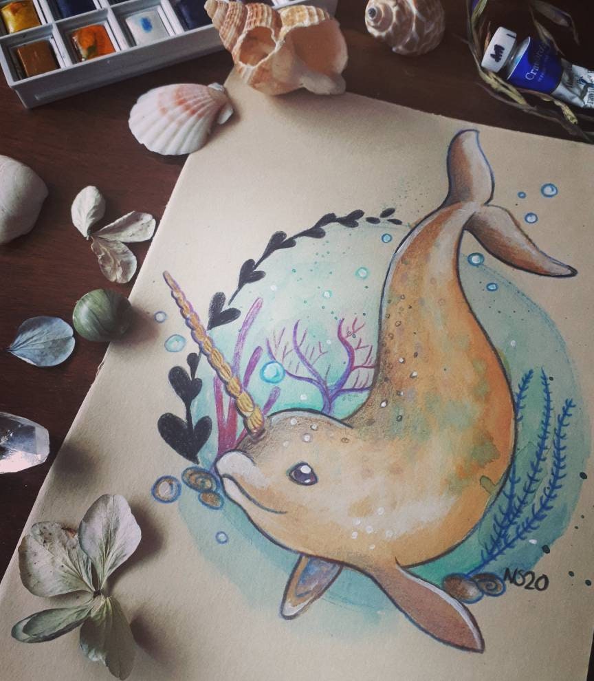 A5 *hand embellished print* narwhal wishes