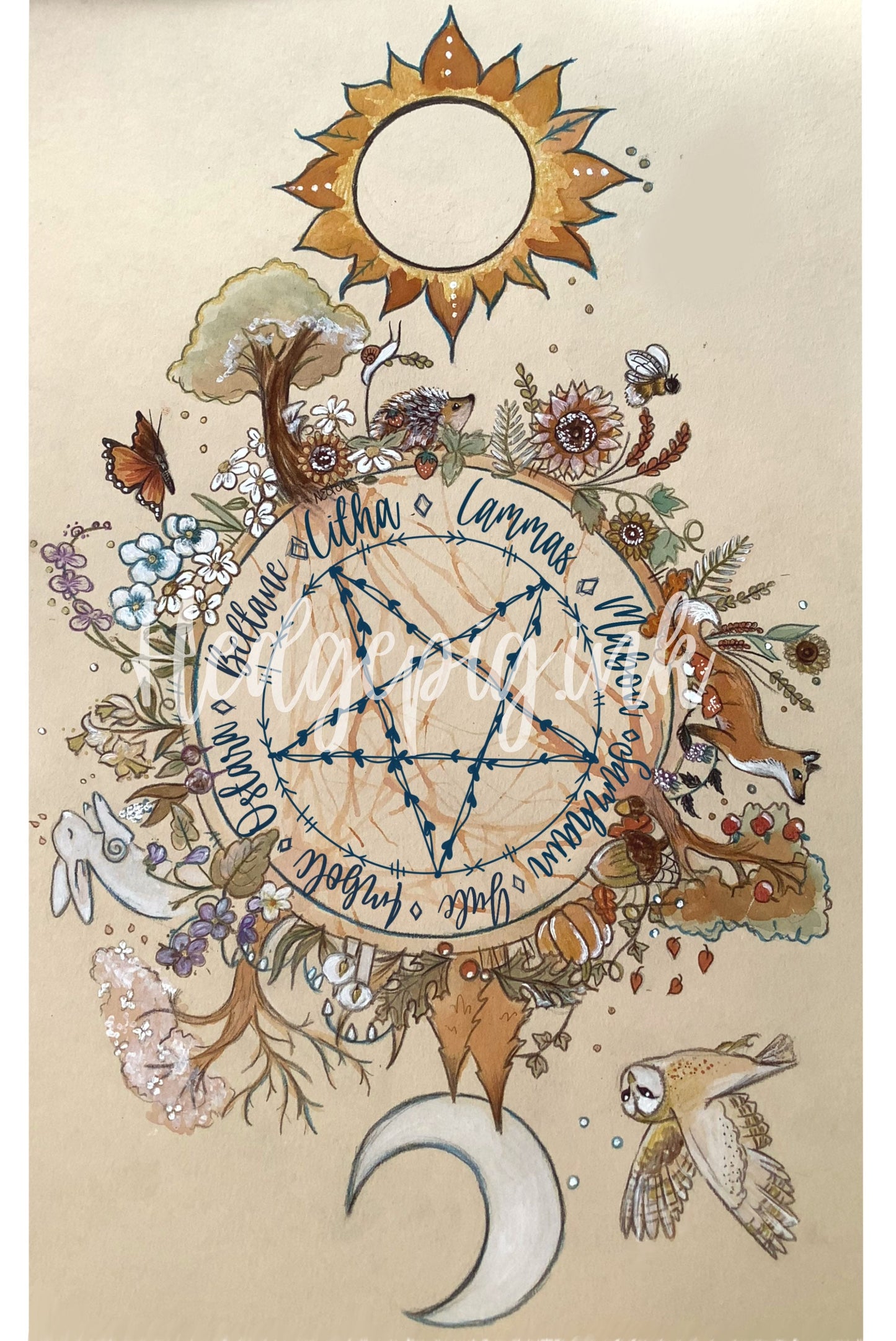 A4 *print* Reservable pagan wheel illustration with gold embellishments