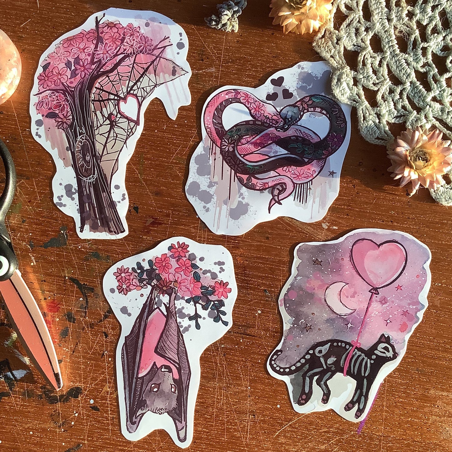 4 Glossy Valloween stickers. Eco material. Medium sized journal stickers. Vegan. Gothic valentines.